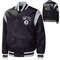 Brooklyn Nets black satin varsity jacket with snap closure and ribbed trim in letterman style
