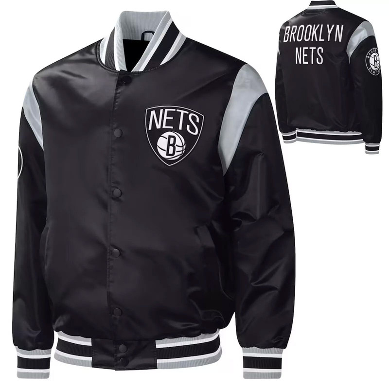 Brooklyn Nets black satin varsity jacket with snap closure and ribbed trim in letterman style