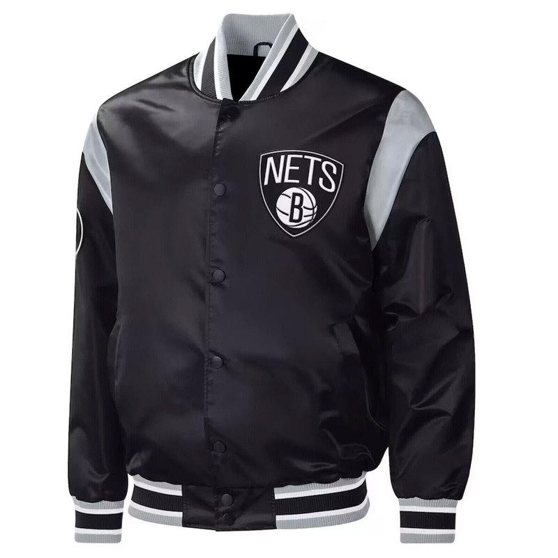 Stylish black satin Brooklyn Nets varsity jacket with ribbed cuffs and classic fit