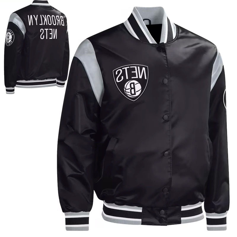 Mens Brooklyn Nets letterman jacket in smooth satin fabric with front button closure