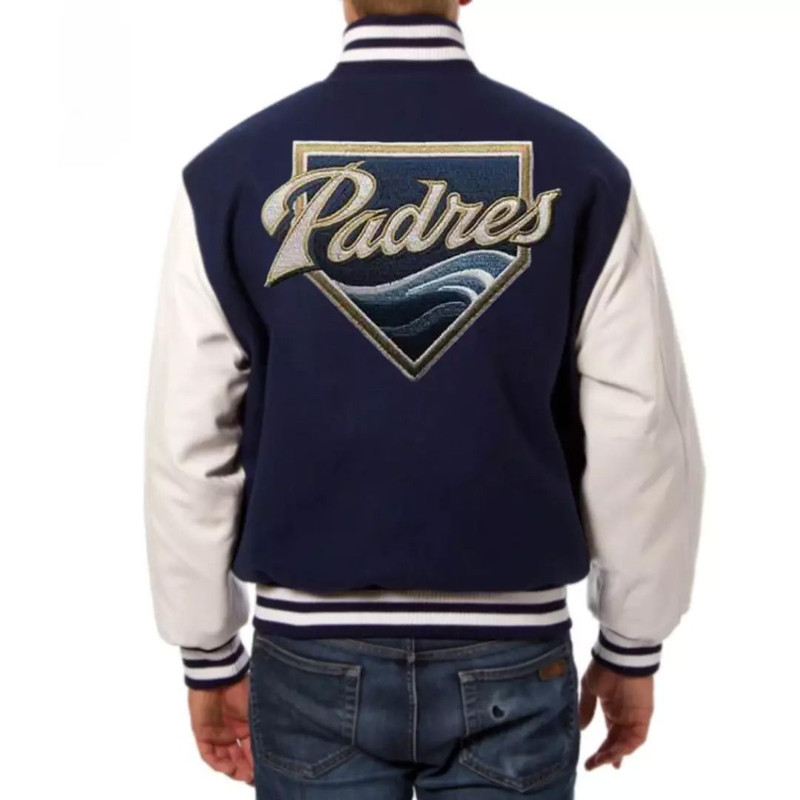 San Diego Padres fullsnap varsity bomber jacket with navy wool and leather sleeves