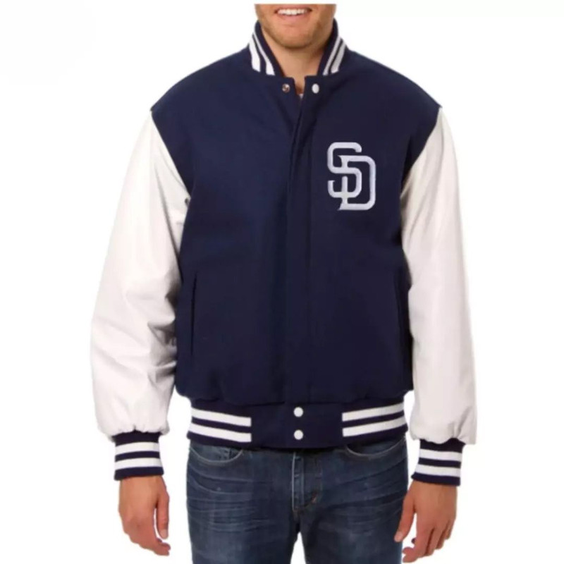 MLB San Diego Padres letterman jacket with premium leather sleeves and embroidered logo