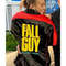 Back design of Fall Guy varsity jacket showcasing bold red sleeves and black body with detailed sti