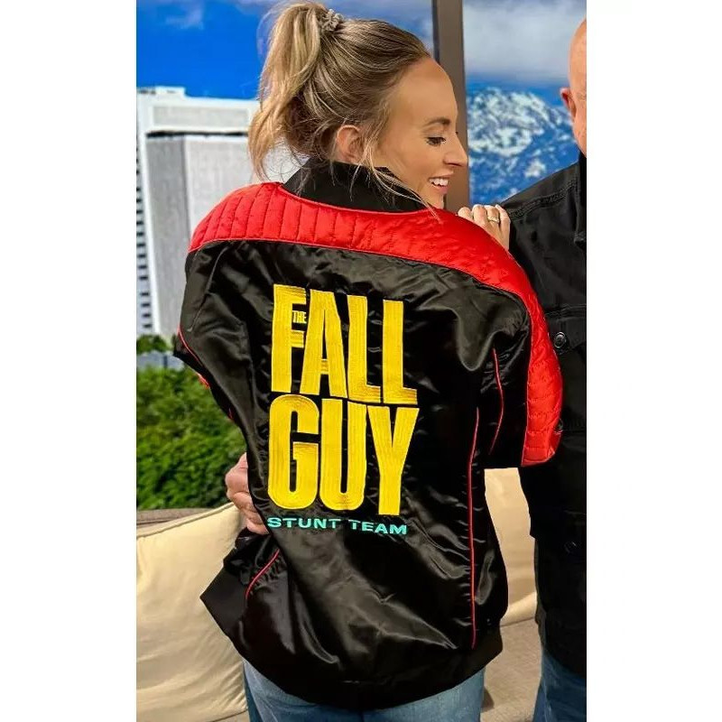 Back design of Fall Guy varsity jacket showcasing bold red sleeves and black body with detailed sti