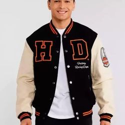 mens harley davidson 120th anniversary wool varsity jacket with leather sleeves – biker club style jacket
