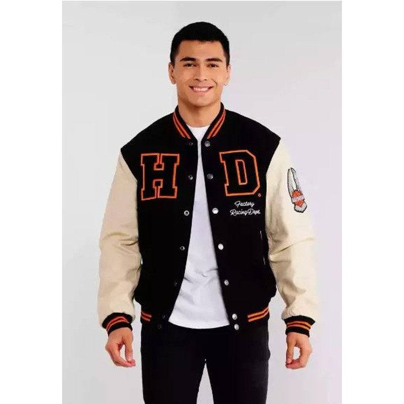 Harley Davidson varsity jacket with wool body and leather sleeves biker club anniversary design