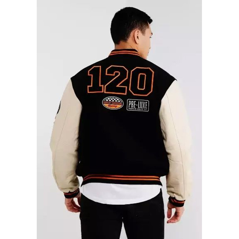 Bikerstyle wool varsity jacket with genuine leather sleeves celebrating Harley heritage