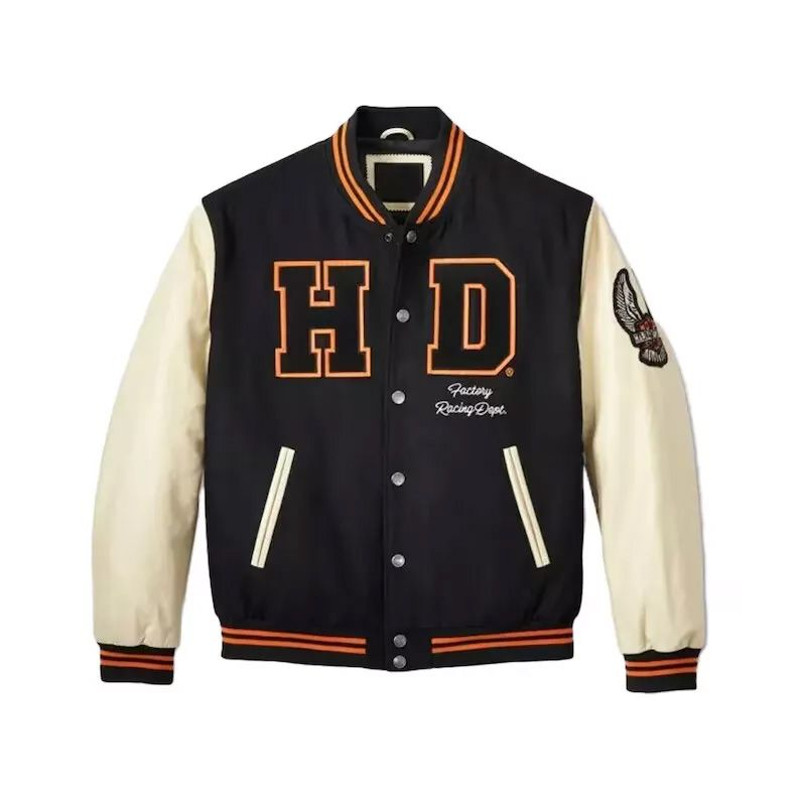 Motorcycle clubinspired varsity jacket in wool and leather bold Harley Davidson branding