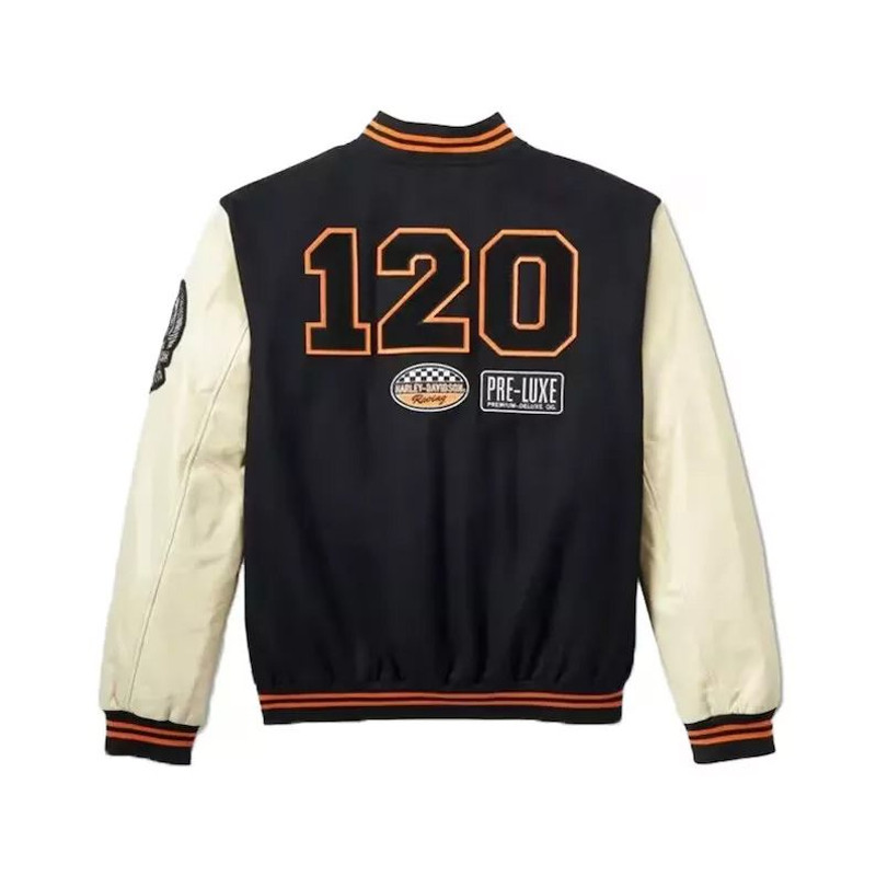 Harley Davidson anniversary varsity jacket with classic club details and heavyweight construction
