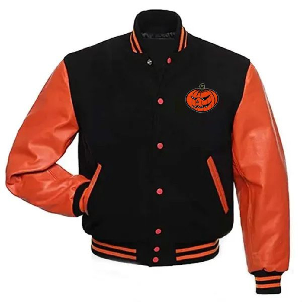 Pumpkinthemed varsity jacket with fall colors and spooky season streetwear design