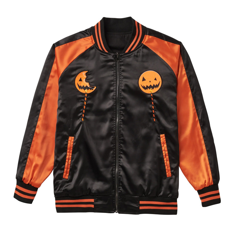 Unisex fall bomber jacket with festive Halloween embroidery and varsity style