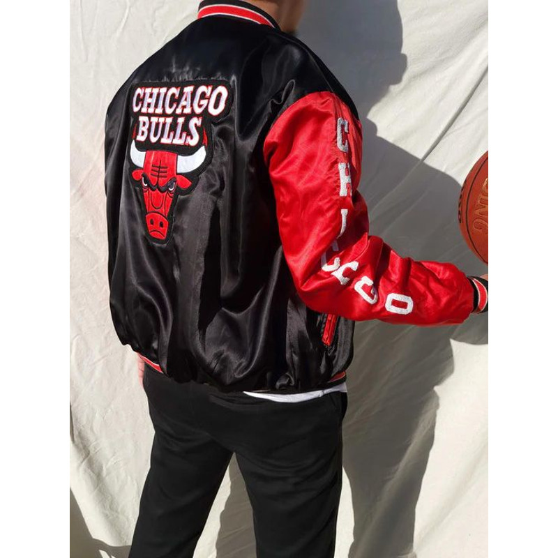 Black and red Chicago Bulls satin varsity jacket for men lightweight basketball fan bomber