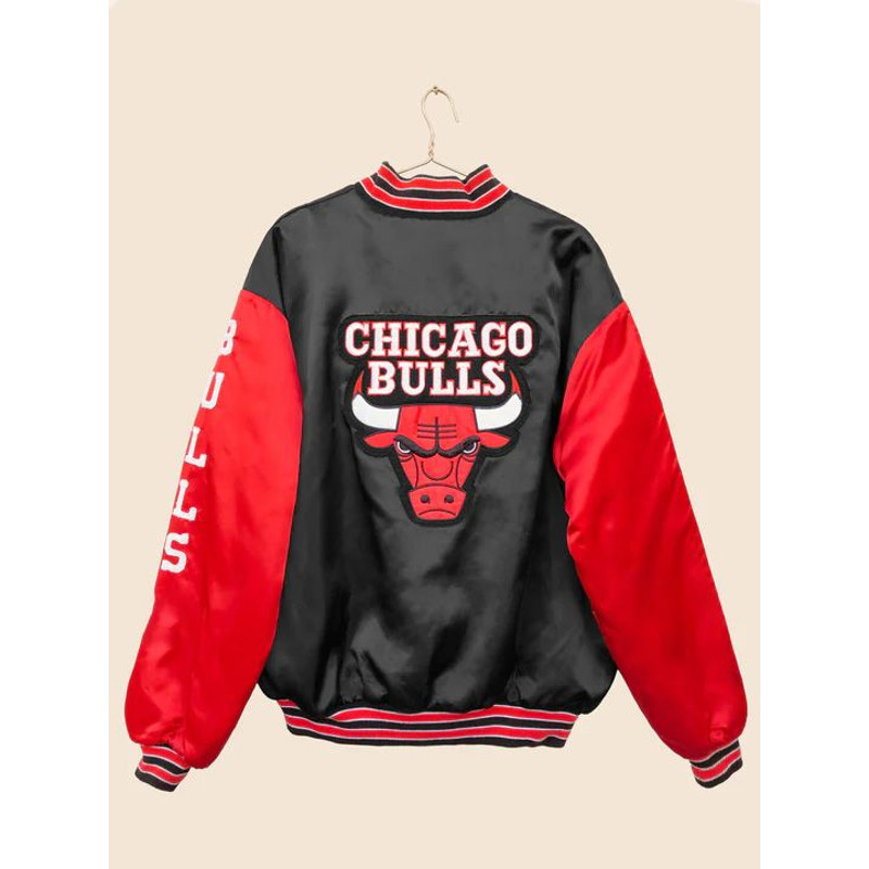NBA Chicago Bulls satin bomber jacket with varsity style for men in black and red