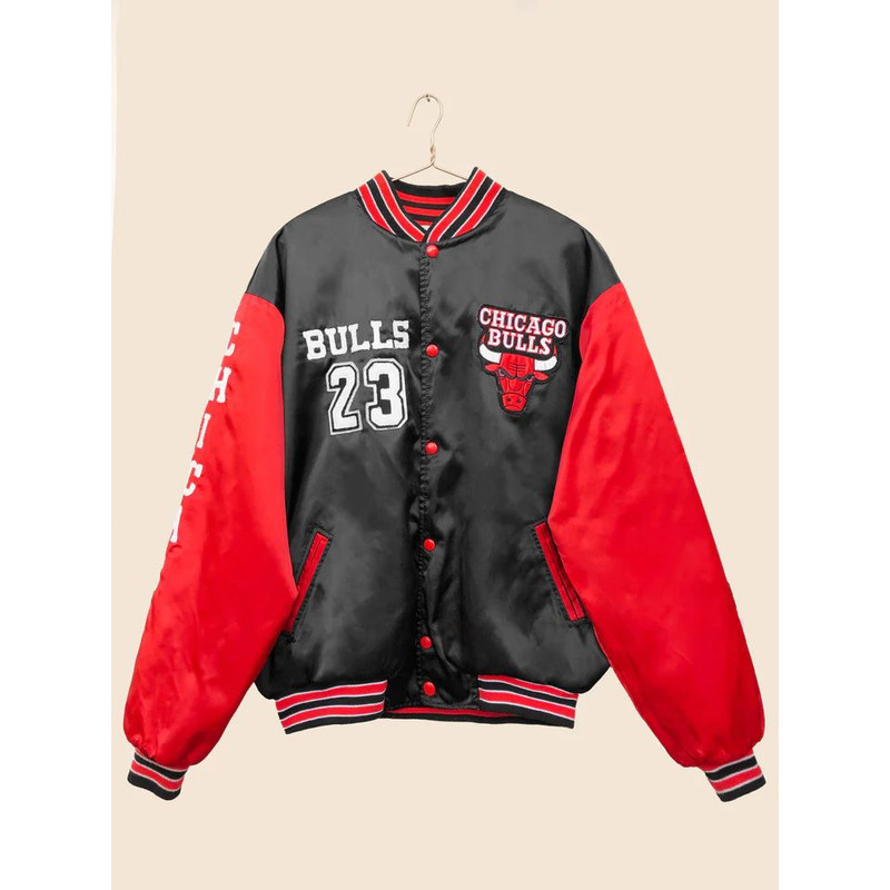 Lightweight satin bomber coat in Bulls colors classic varsity jacket for basketball supporters