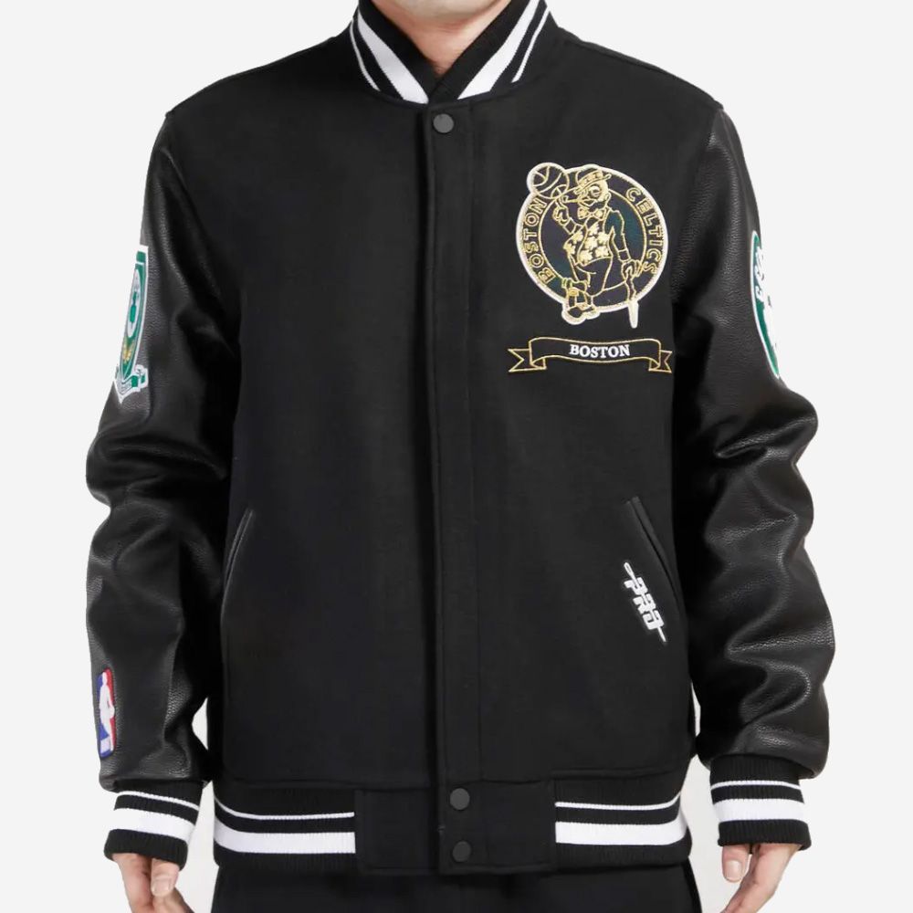 NBA Celtics wool bomber jacket featuring quilted lining and contrast ribbed trim