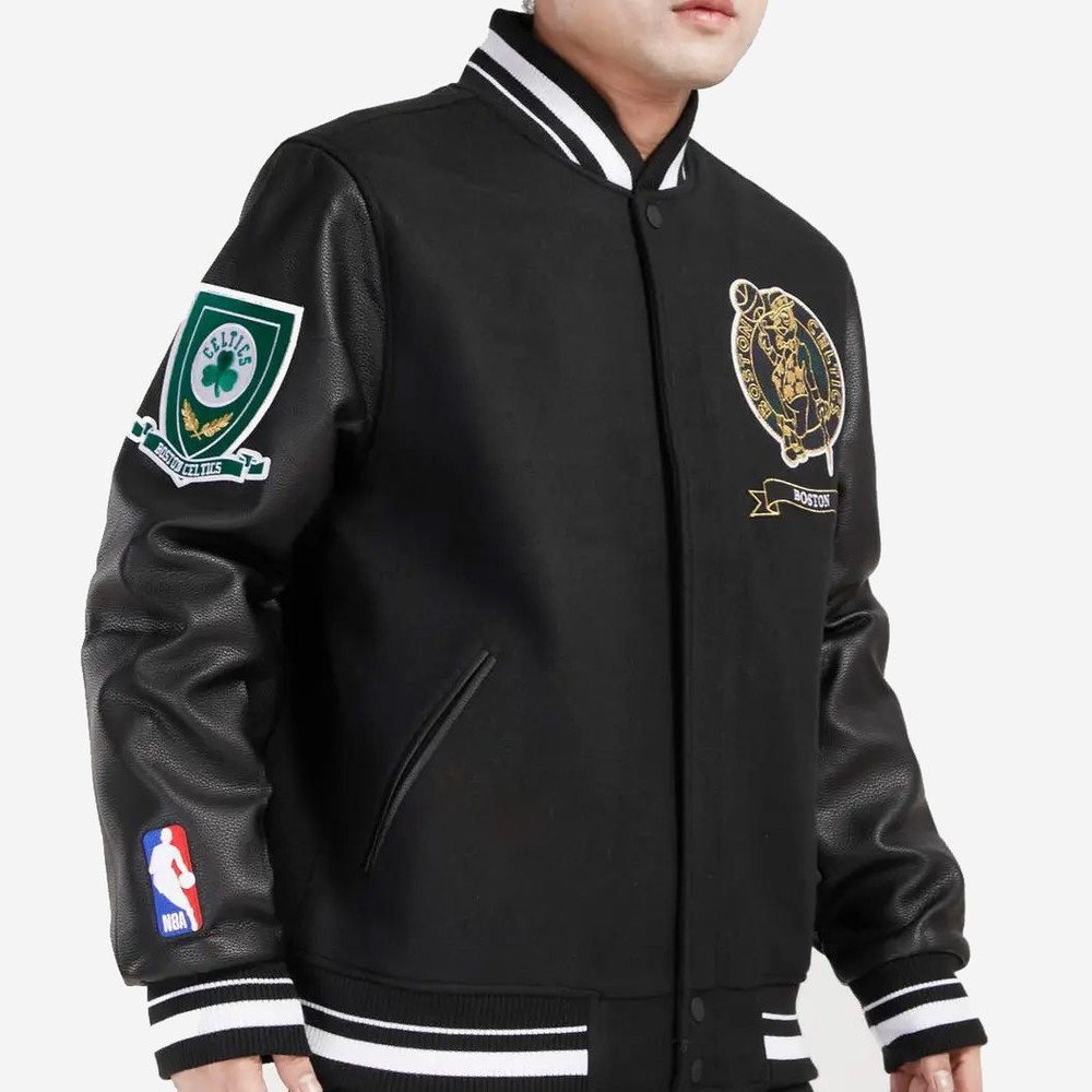 Basketball varsity jacket in black wool with detailed Celtics logos and classic fit