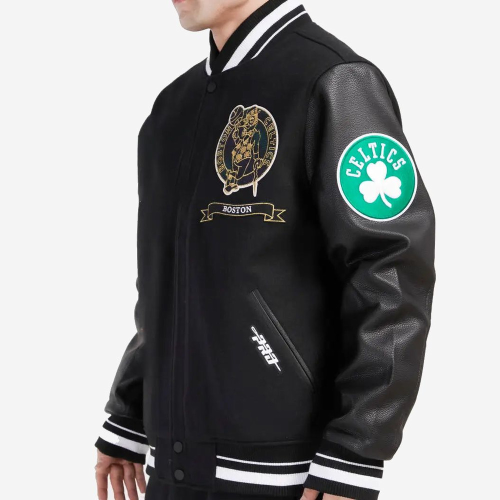 Celtics black wool snap jacket for men with embroidered team graphics and athletic style