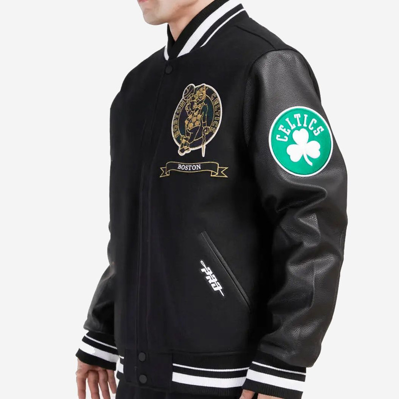 Celtics black wool snap jacket for men with embroidered team graphics and athletic style