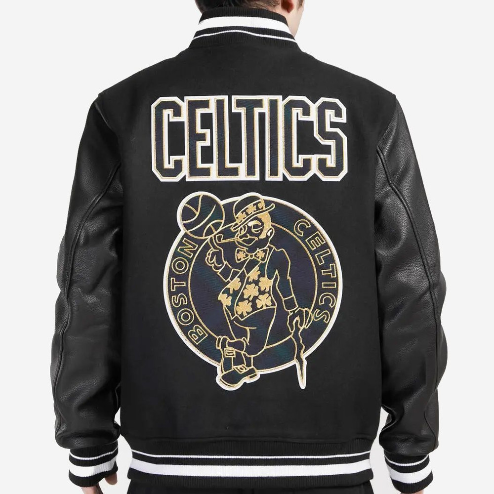 Mens black Celtics letterman bomber jacket with ribbed cuffs and team embroidery