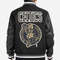 Mens black Celtics letterman bomber jacket with ribbed cuffs and team embroidery