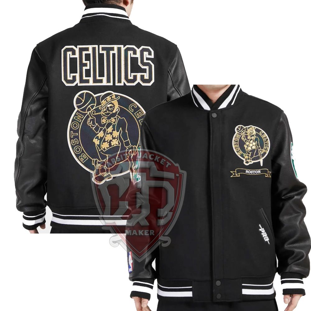 Boston Celtics black wool varsity jacket with embroidered logos and snap button front