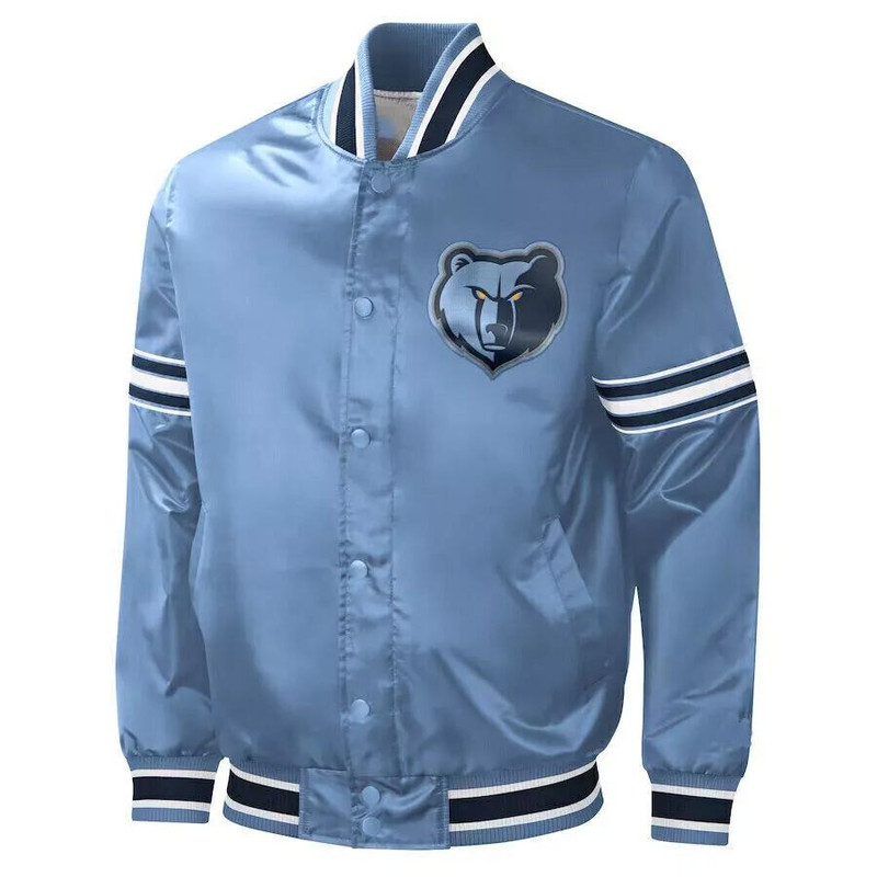 Memphis Grizzlies sky blue satin varsity jacket with embroidered logos and striped trim