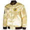San Diego Padres gold satin varsity jacket with embroidered team logos and striped rib trim
