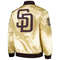 MLB baseball bomber jacket in gold satin with Padres branding and snap front