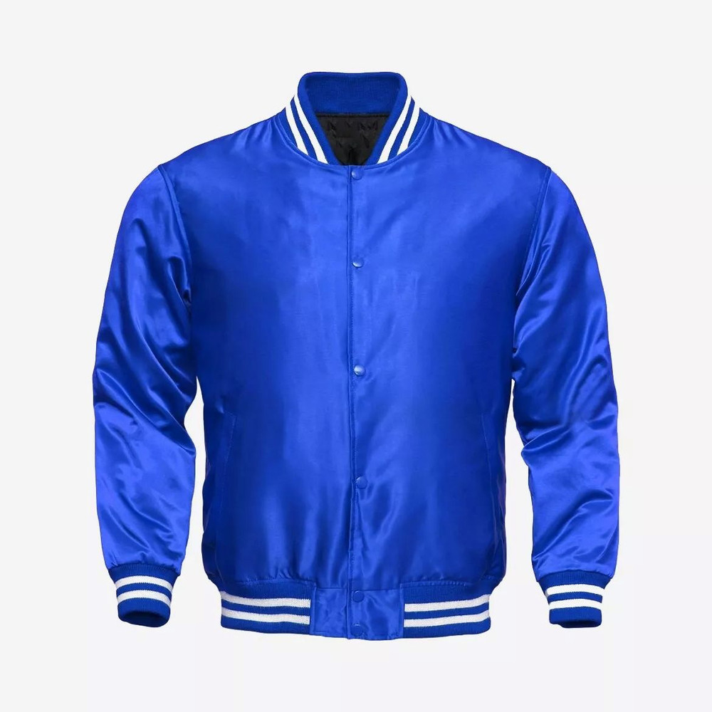 Mens letterman bomber jacket in smooth satin with snap front closure
