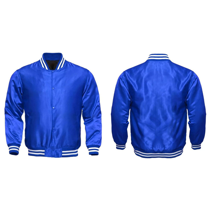 Blue satin varsity jacket with quilted lining and ribbed collar cuffs and hem