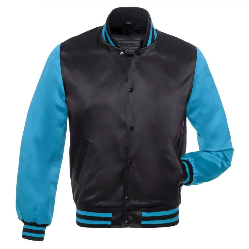 Sky and black satin varsity jacket with ribbed trim and snap front for men
