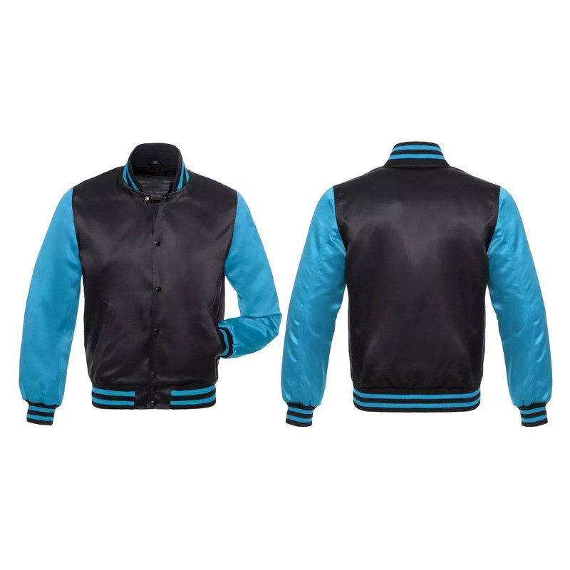 Mens colorblock bomber jacket in shiny satin with retro college design