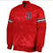 Red satin Boston Red Sox varsity jacket with snap front and ribbed trim