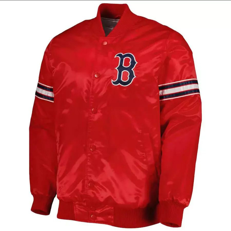Red satin Boston Red Sox varsity jacket with snap front and ribbed trim