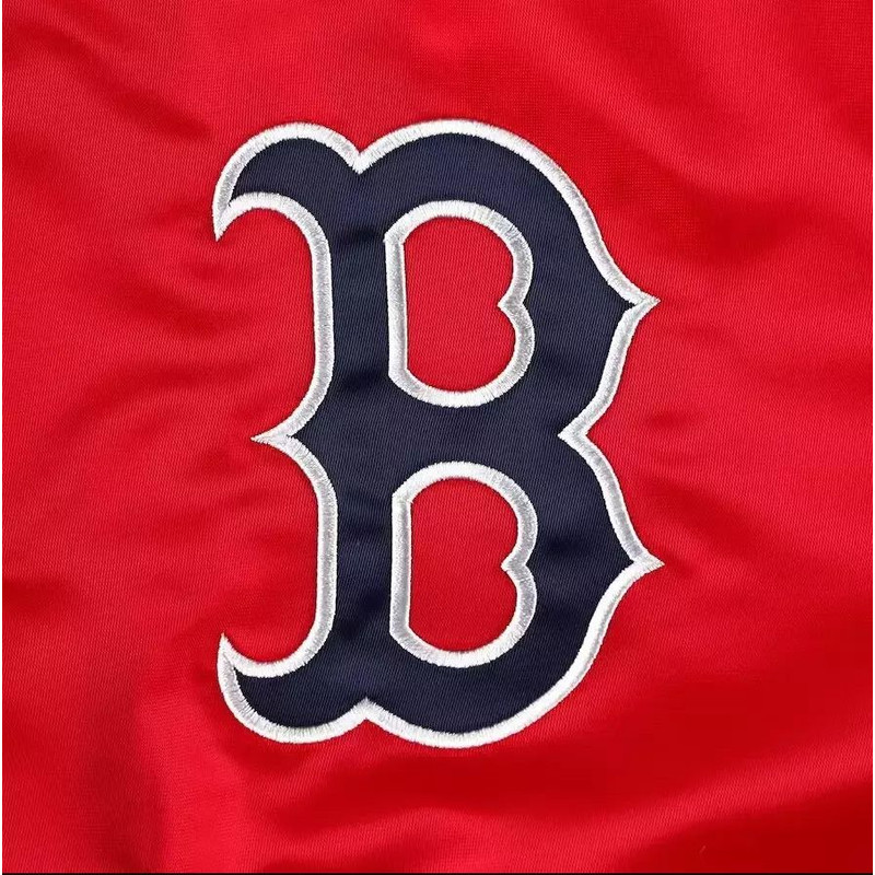 Mens letterman jacket in Red Sox colors with full snap front and ribbed cuffs