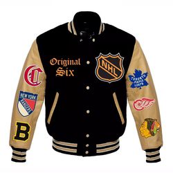 original six nhl jacket men varsity style bomber – bruins canadiens maple leafs rangers red wings blackhawks
