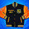 Heritage hockey letterman jacket featuring six NHL teams and bold sleeve contrast