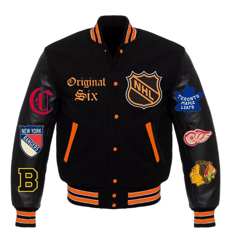 NHL Original Six varsity jacket with cream ivory leather sleeves and team logos