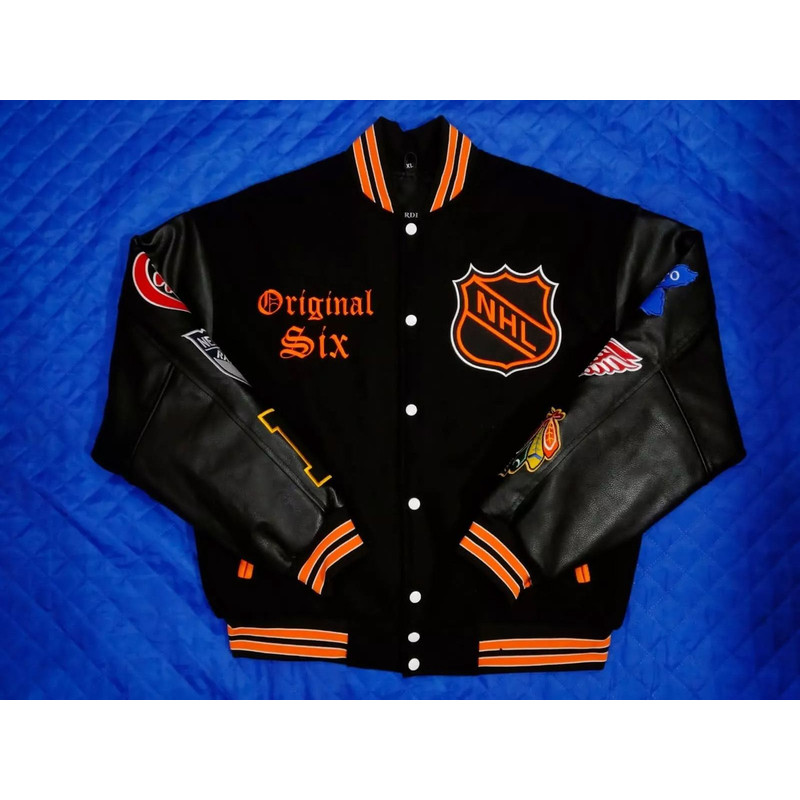 Vintage hockey letterman jacket with orange sleeve design and retro NHL branding