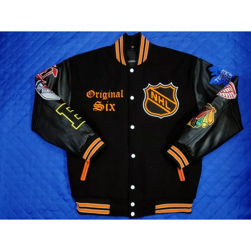 Black sleeve varsity NHL jacket featuring original six teams in bold layout