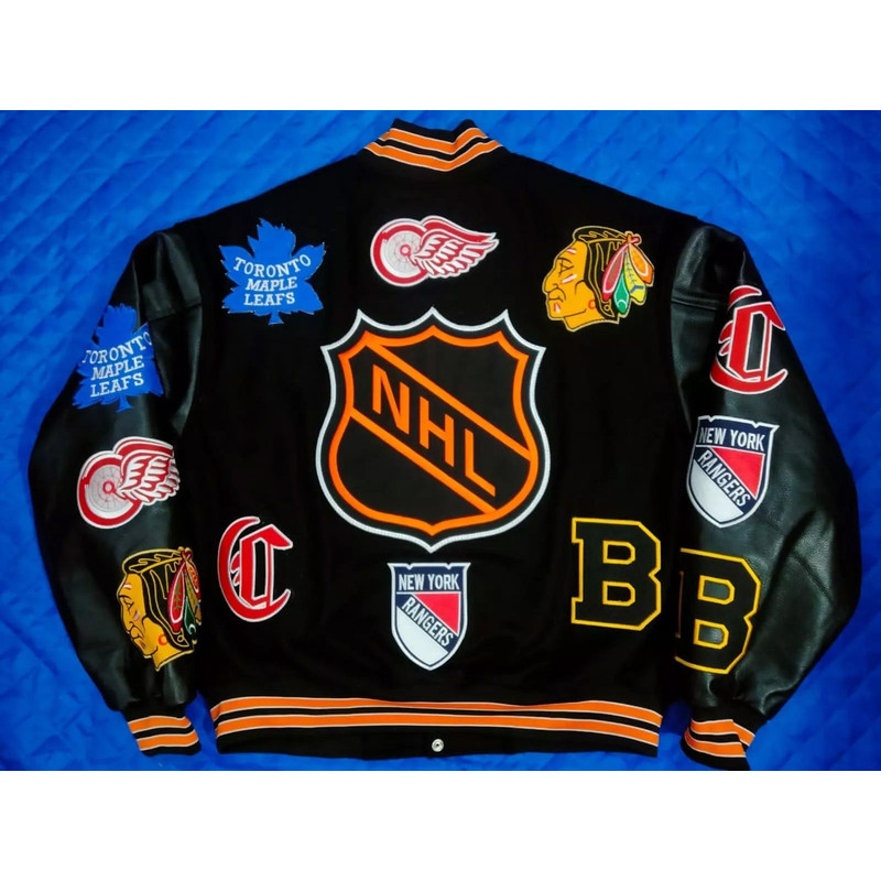 Wool bomber jacket with NHL team accents and three sleeve color options