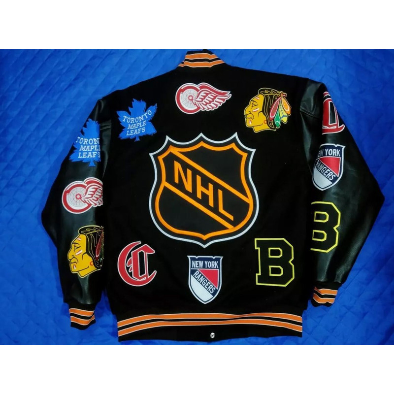 Classic NHL varsity jacket for men with contrast leather sleeves in three tones