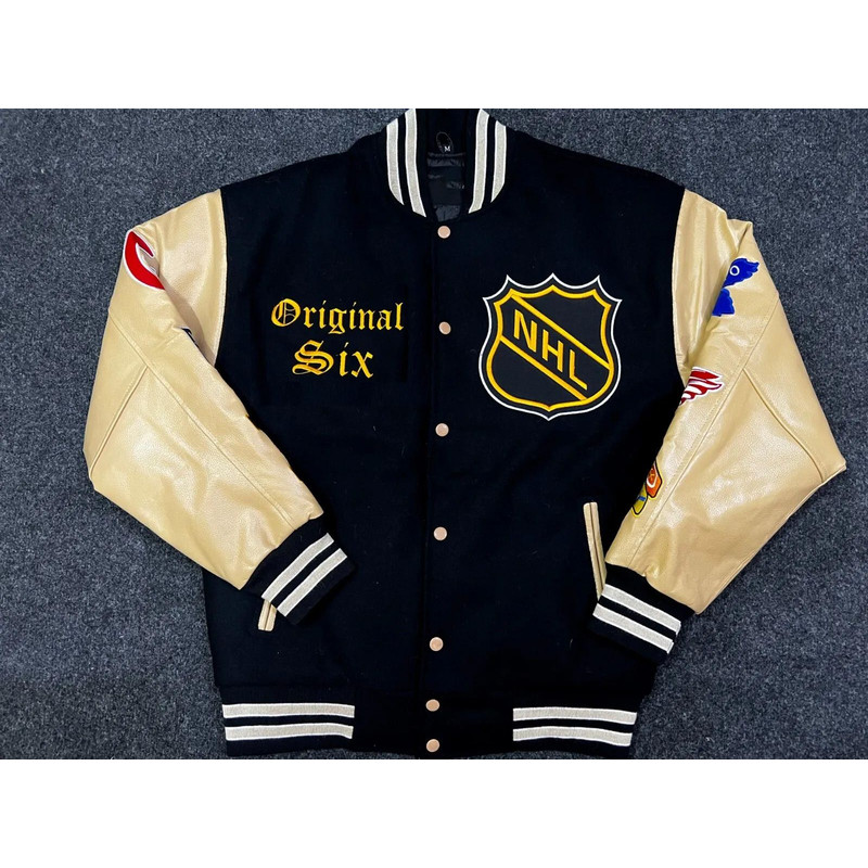 Classic hockey varsity jacket with team graphics and bold color combination