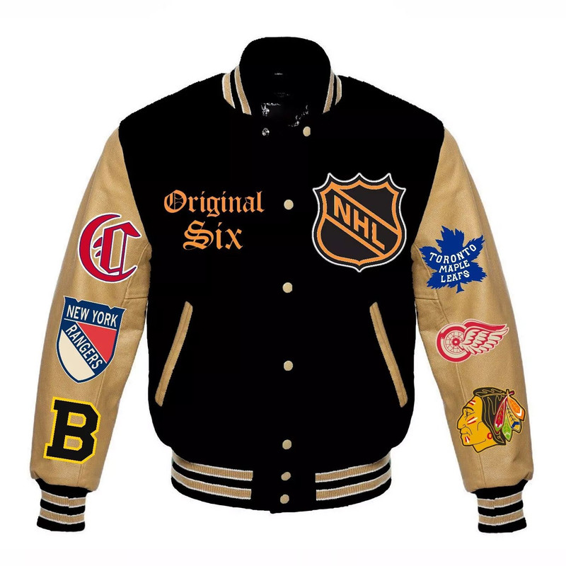 NHL collegestyle bomber jacket with orange leather contrast