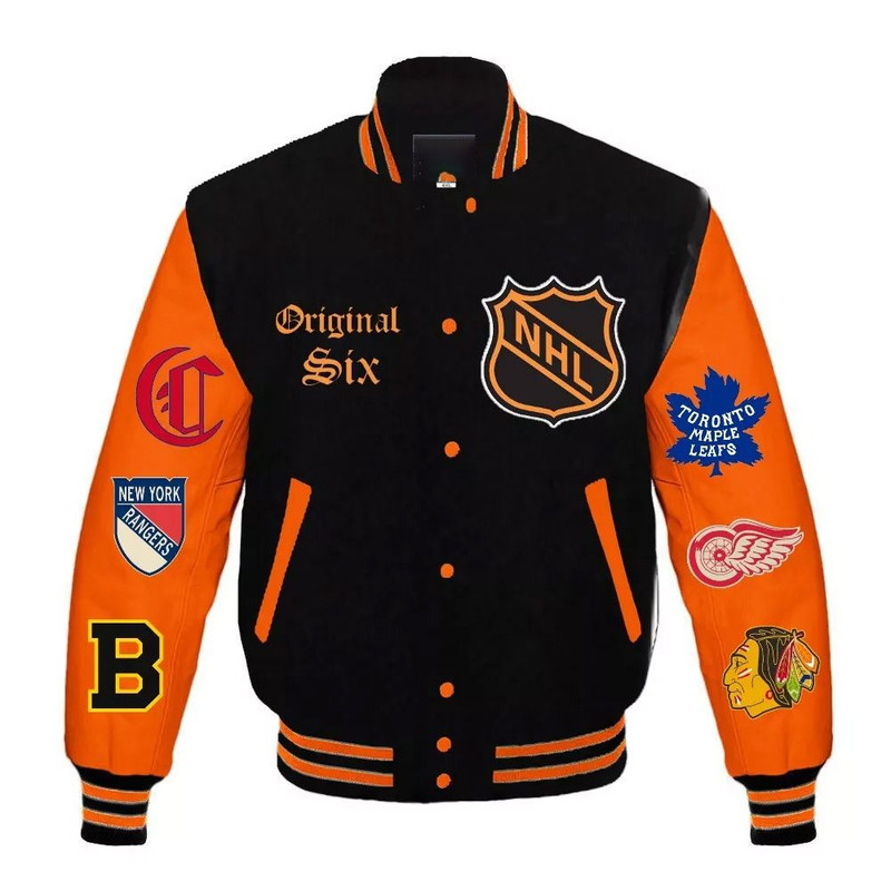 Original Six hockey varsity jacket with traditional ribbed trim