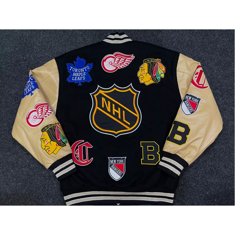 Heritagestyle hockey letterman jacket featuring six team logos