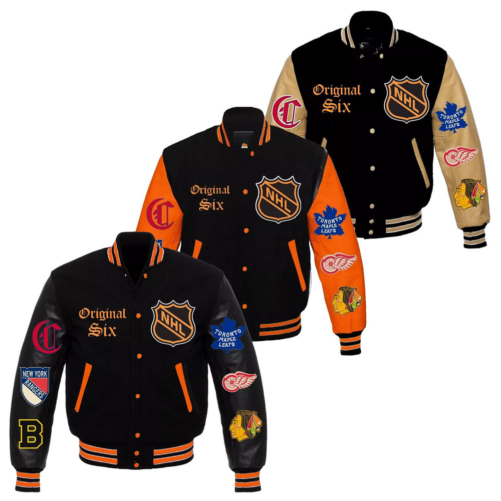 NHL Original Six Varsity Jacket Men Bruins Maple Leafs Rangers Red Wings Leather Sleeve Bomber in