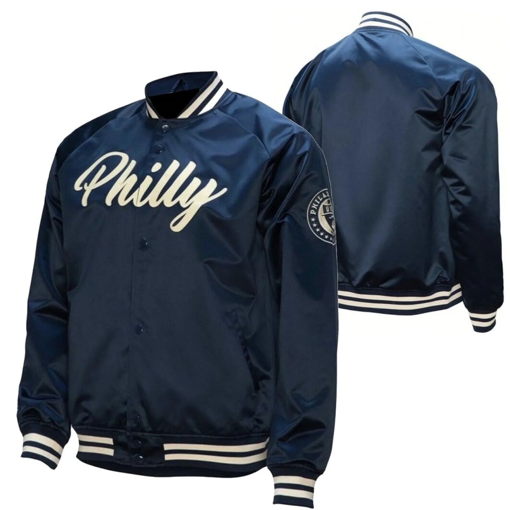 Philly Union navy varsity jacket with embroidered soccer graphics and vintage bomber design
