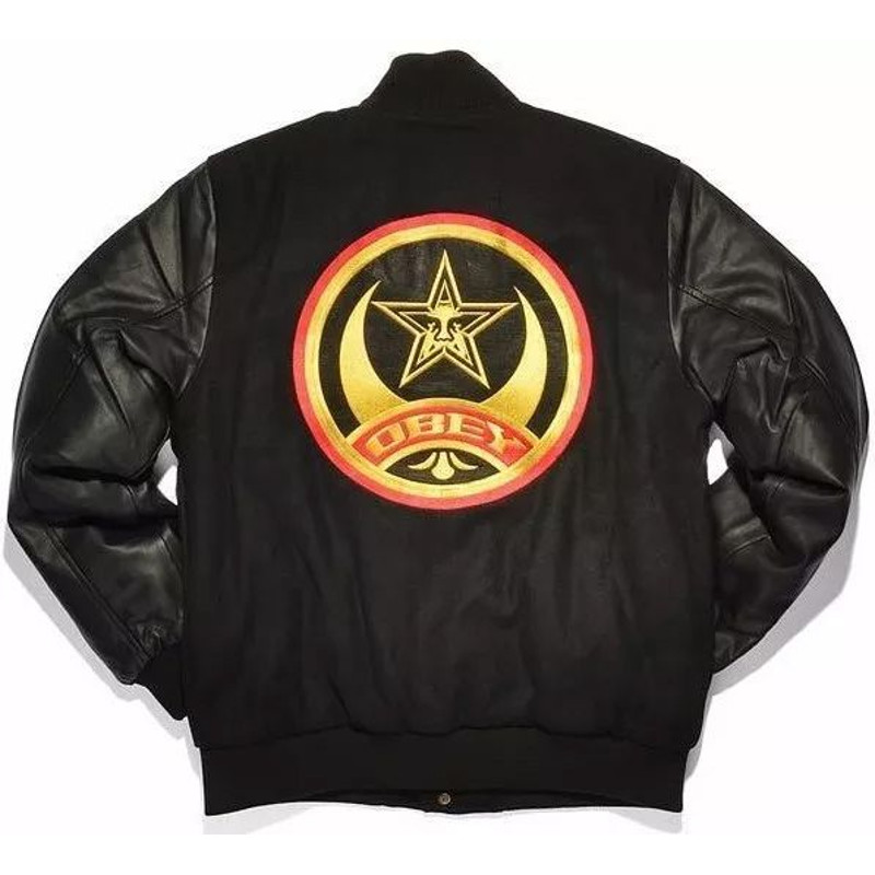 Mens Obey Varsity Jacket Black Red Yellow Wool Body Real Leather Sleeves Front View