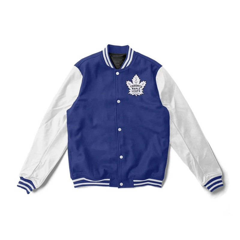 Toronto Maple Leafs Varsity Jacket Blue White with Real Leather Sleeves NHL Fan Apparel